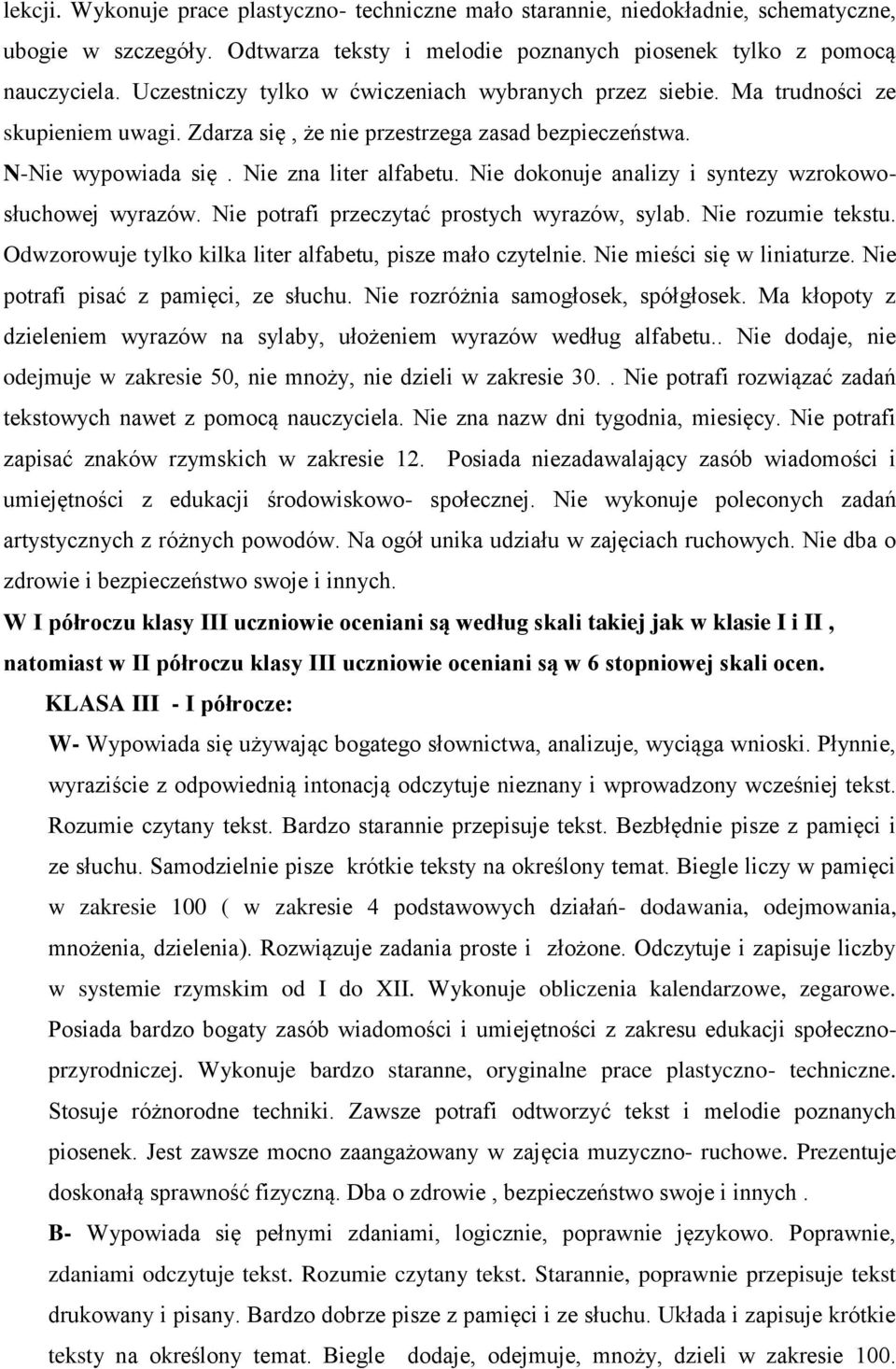 Nie dokonuje analizy i syntezy wzrokowosłuchowej wyrazów. Nie potrafi przeczytać prostych wyrazów, sylab. Nie rozumie tekstu. Odwzorowuje tylko kilka liter alfabetu, pisze mało czytelnie.