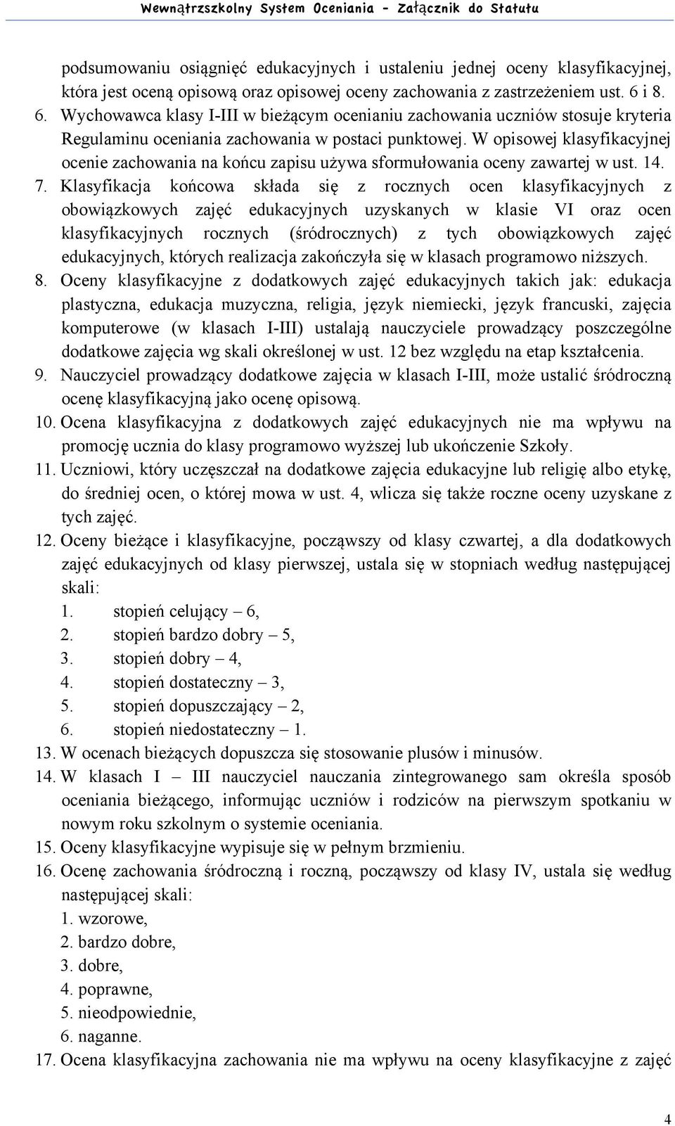 W opisowej klasyfikacyjnej ocenie zachowania na końcu zapisu używa sformułowania oceny zawartej w ust. 14. 7.