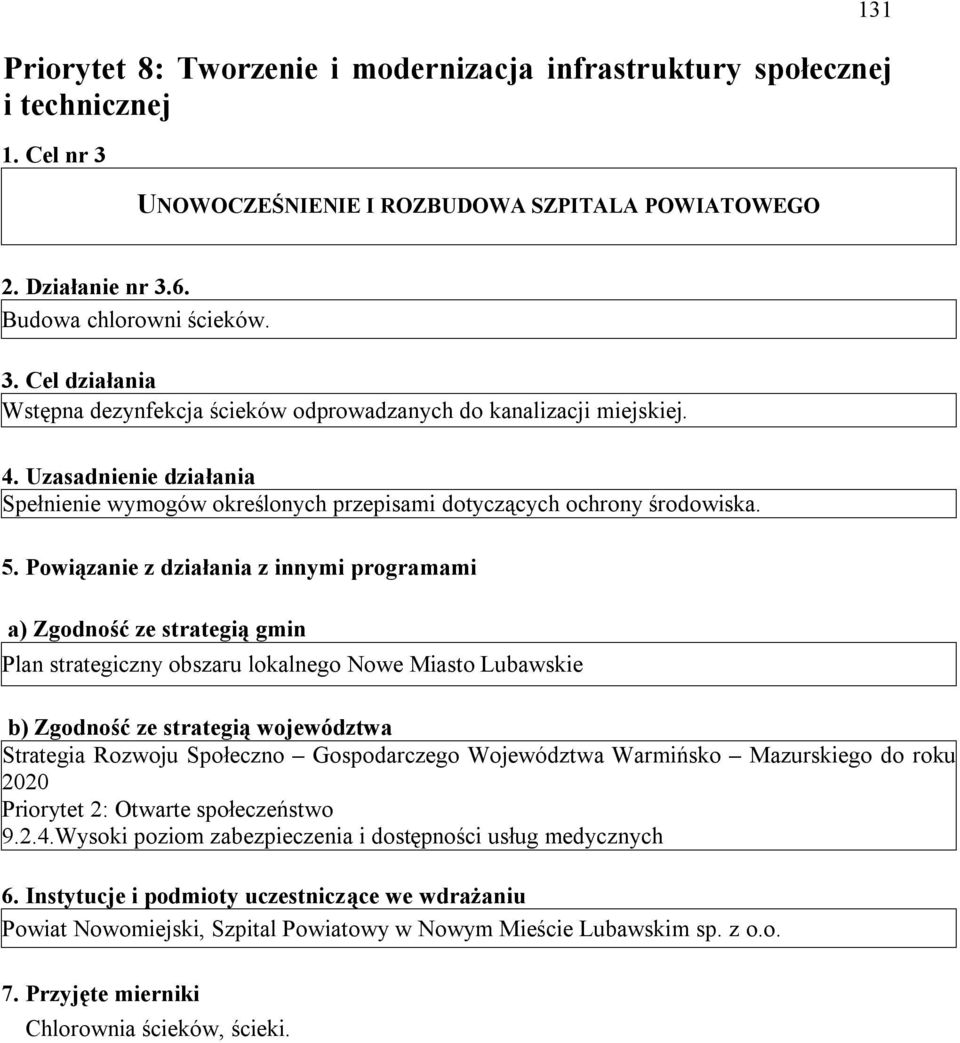 Powiązanie z działania z innymi programami a) Zgodność ze strategią gmin Plan strategiczny obszaru lokalnego Nowe Miasto Lubawskie b) Zgodność ze strategią województwa Strategia Rozwoju Społeczno