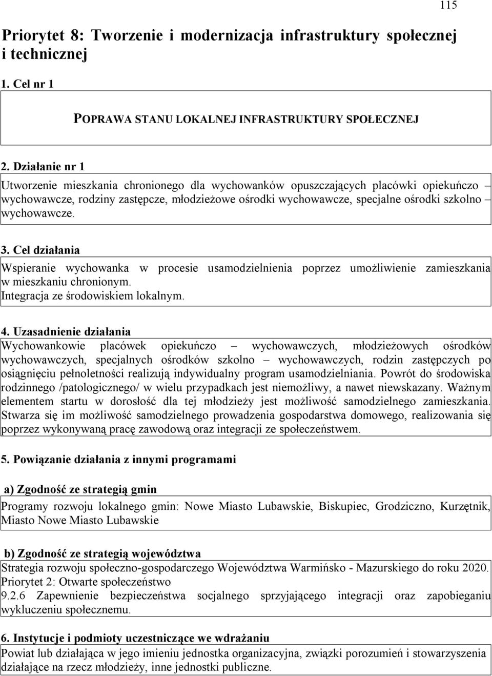 wychowawcze. 3. Cel działania Wspieranie wychowanka w procesie usamodzielnienia poprzez umożliwienie zamieszkania w mieszkaniu chronionym. Integracja ze środowiskiem lokalnym. 4.