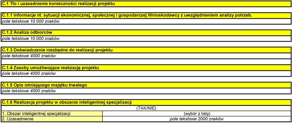 000 znaków C.1.2 Analiza odbiorców pole tekstowe 10 000 znaków C.1.3 Doświadczenie niezbędne do realizacji projektu C.1.4 Zasoby umożliwiające realizację projektu C.