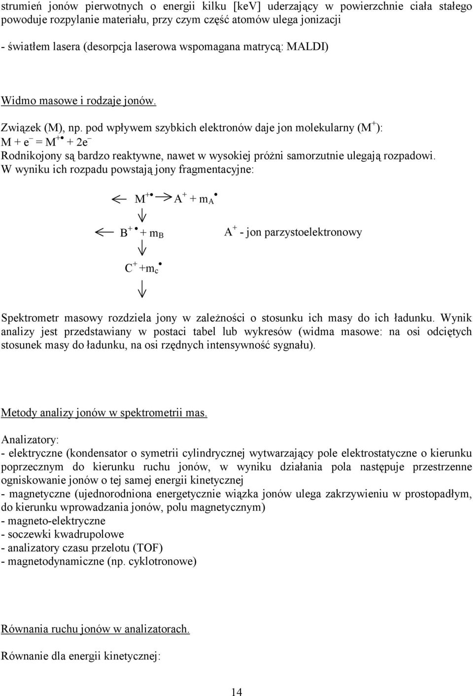 pod wpływem szybkich elektronów daje jon molekularny (M + ): M + e = M + + e Rodnikojony są bardzo reaktywne, nawet w wysokiej próżni samorzutnie ulegają rozpadowi.