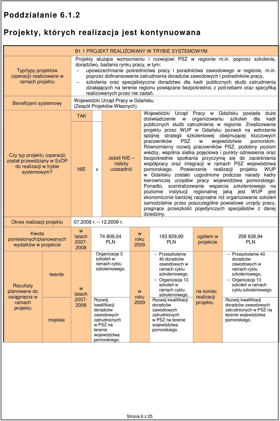 B1 PROJEKT REALIZOWANY W TRYBIE SYSTEMOWYM Projekty słuŝące wzmocnieniu i rozwojowi PSZ w regionie m.in.