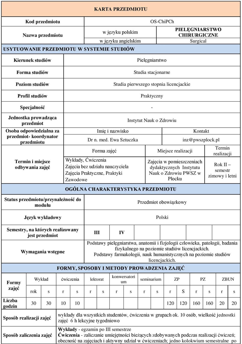przedmiot- koordynator przedmiotu Termin i miejsce odbywania zajęć Imię i nazwisko Dr n. med.