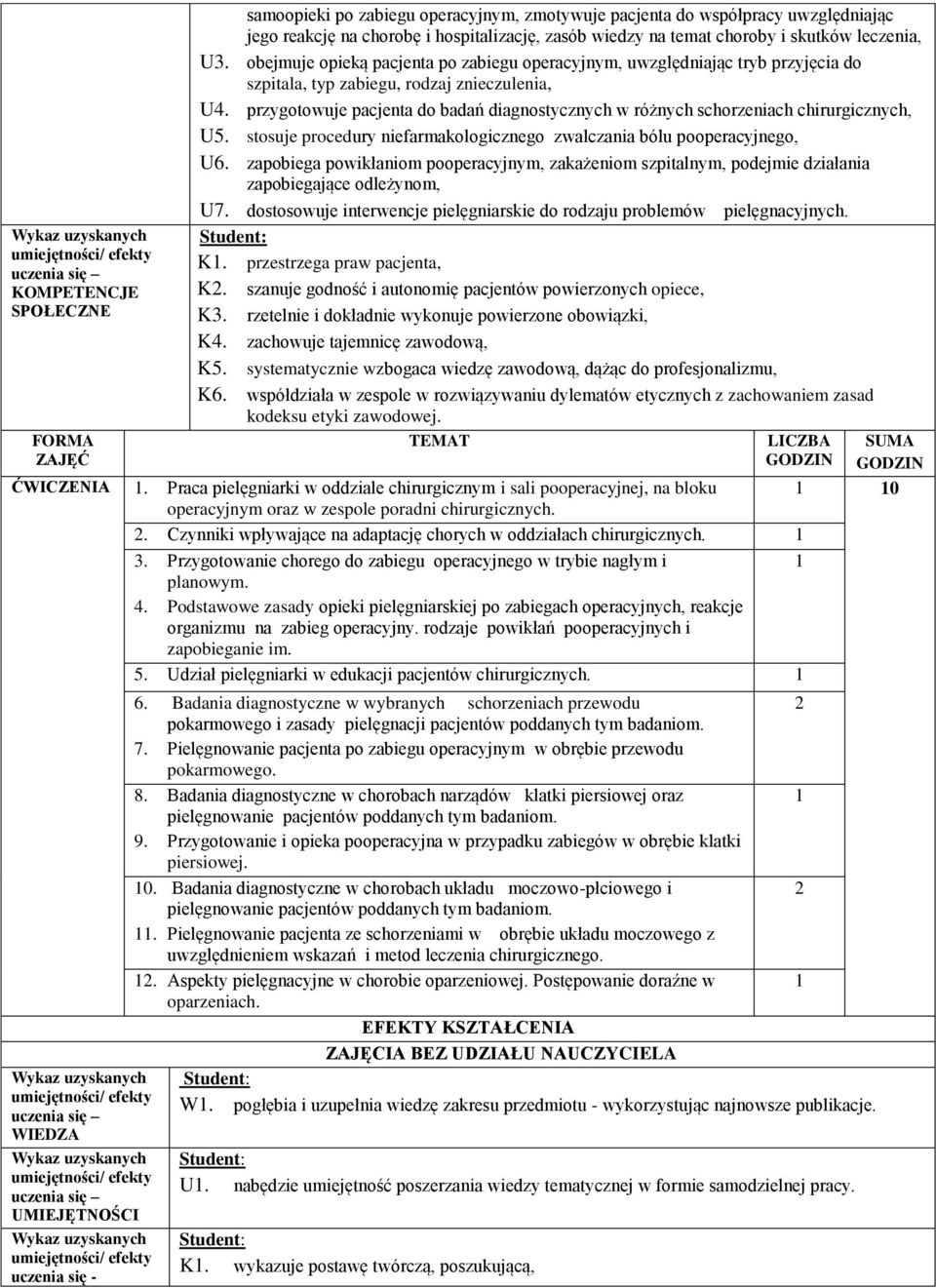 przygotowuje pacjenta do badań diagnostycznych w różnych schorzeniach chirurgicznych, U5. stosuje procedury niefarmakologicznego zwalczania bólu pooperacyjnego, U6.