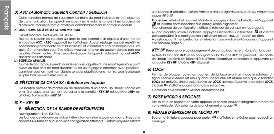 a) ASC : SQUELCH À RÉGLAGE AUTOMATIQUE Brevet mondial, exclusivité PRESIDENT Tourner le bouton du squelch (3) dans le sens contraire ds aiguilles d une montre en position ASC.