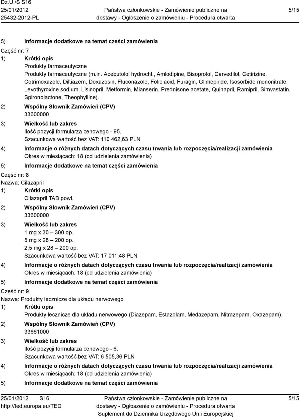 Metformin, Mianserin, Prednisone acetate, Quinapril, Ramipril, Simvastatin, Spironolactone, Theophylline). Ilość pozycji formularza cenowego - 95.