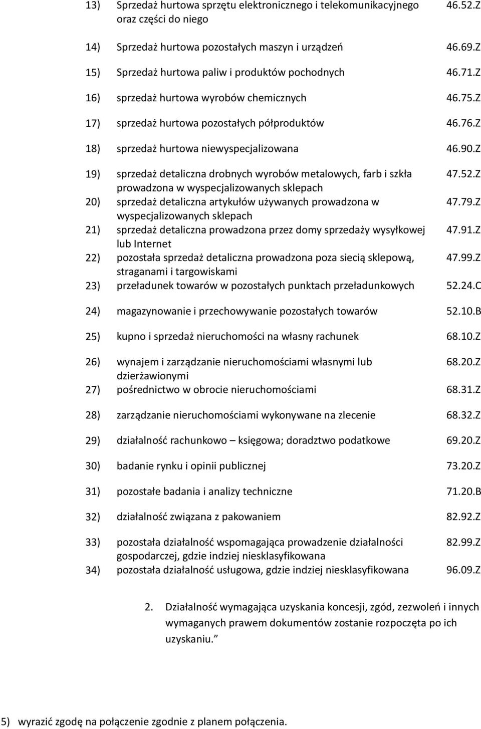 Z 18) sprzedaż hurtowa niewyspecjalizowana 46.90.Z 19) sprzedaż detaliczna drobnych wyrobów metalowych, farb i szkła 47.52.