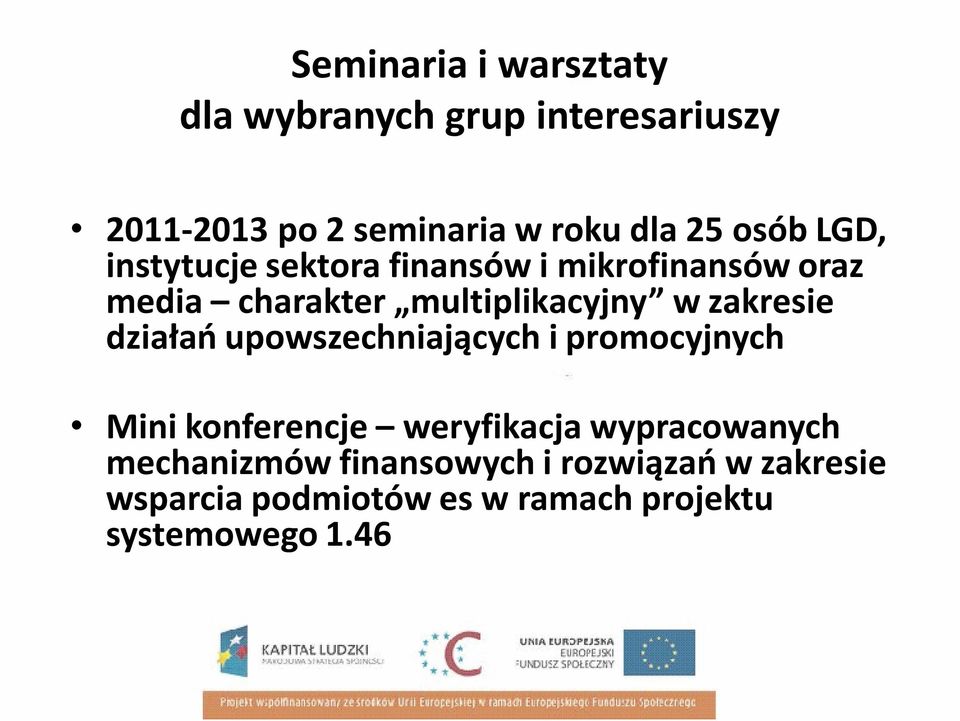 zakresie działań upowszechniających i promocyjnych Mini konferencje weryfikacja wypracowanych