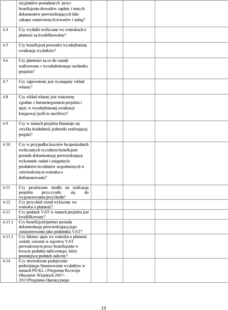 4.7 Czy zapewniony jest wymagany wkład własny? 4.8 Czy wkład własny jest wniesiony zgodnie z harmonogramem projektu i ujęty w wyodrębnionej ewidencji księgowej (jeśli to możliwe)? 4.9 Czy w ramach projektu finansuje się zwykłą działalność jednostki realizującej projekt?