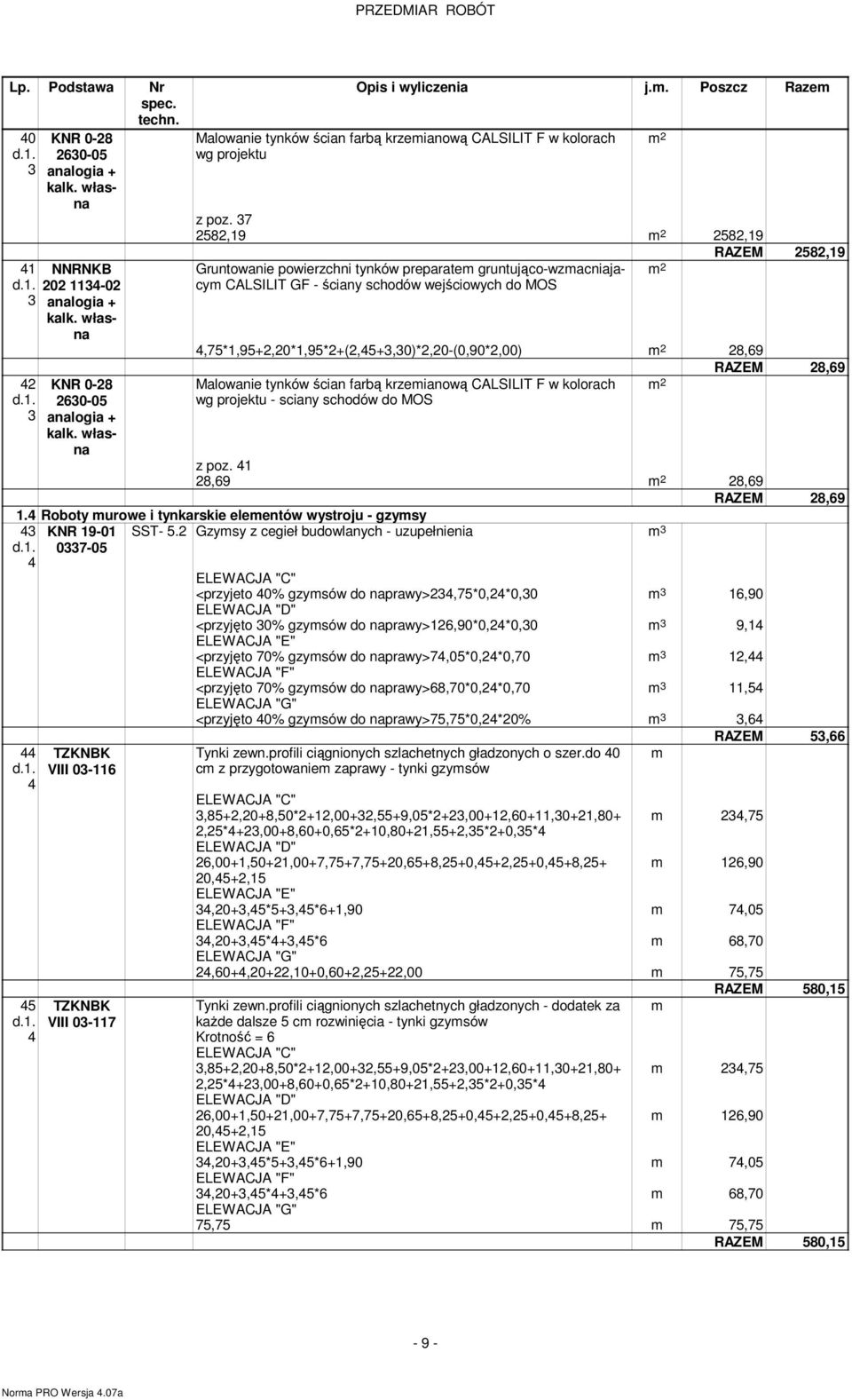 projektu - sciany schodów do MOS z poz 41 8,69 8,69 RAZEM 8,69 14 Roboty urowe i tynkarskie eleentów wystroju - gzysy 4 KNR 19-01 SST- Gzysy z cegieł budowlanych - uzupełnienia 4 0-0 <przyjeto 40%