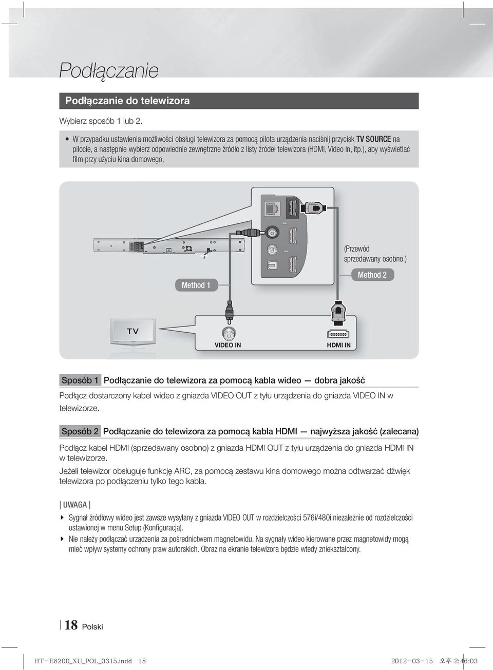 (HDMI, Video In, itp.), aby wyświetlać film przy użyciu kina domowego. HDMI OUT HDMI IN 1 HDMI IN 2 LAN VIDEO OUT FM ANT OPTICAL IN (Przewód sprzedawany osobno.