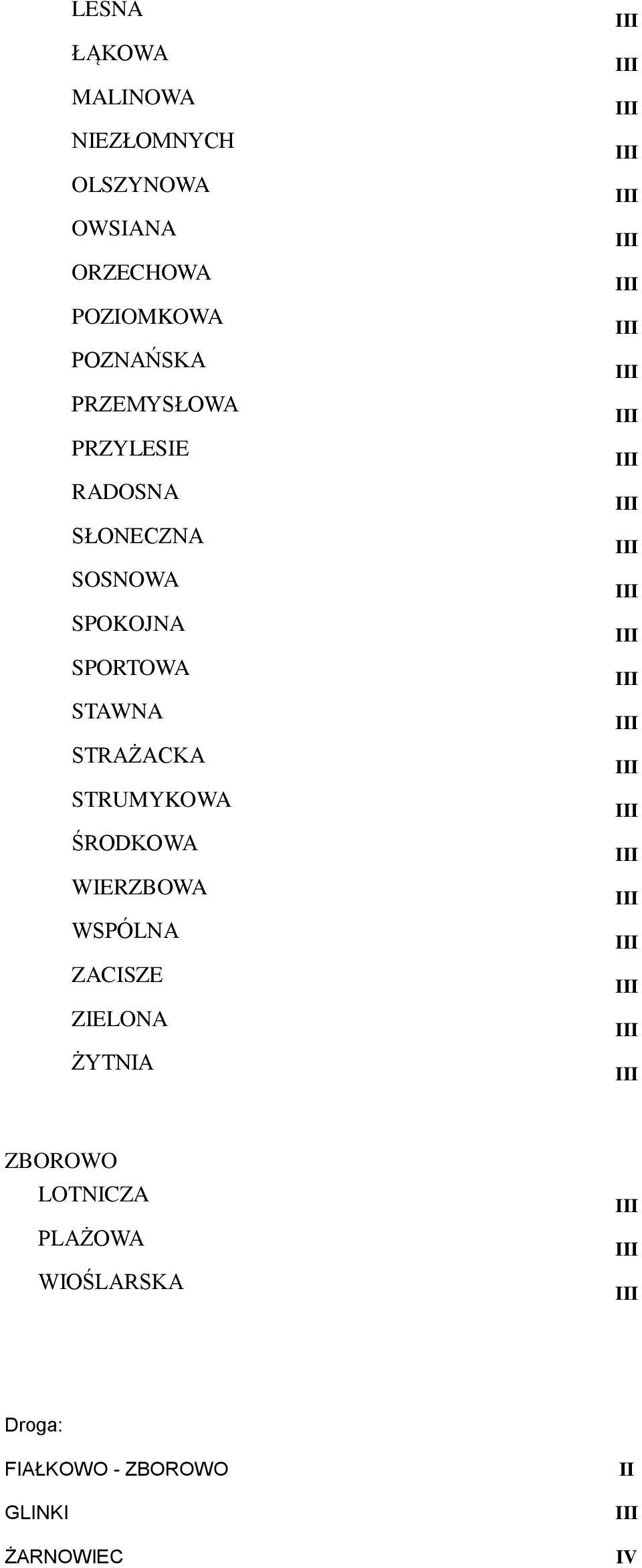 STRAŻACKA STRUMYKOWA ŚRODKOWA WIERZBOWA WSPÓLNA ZACISZE ZIELONA ŻYTNIA