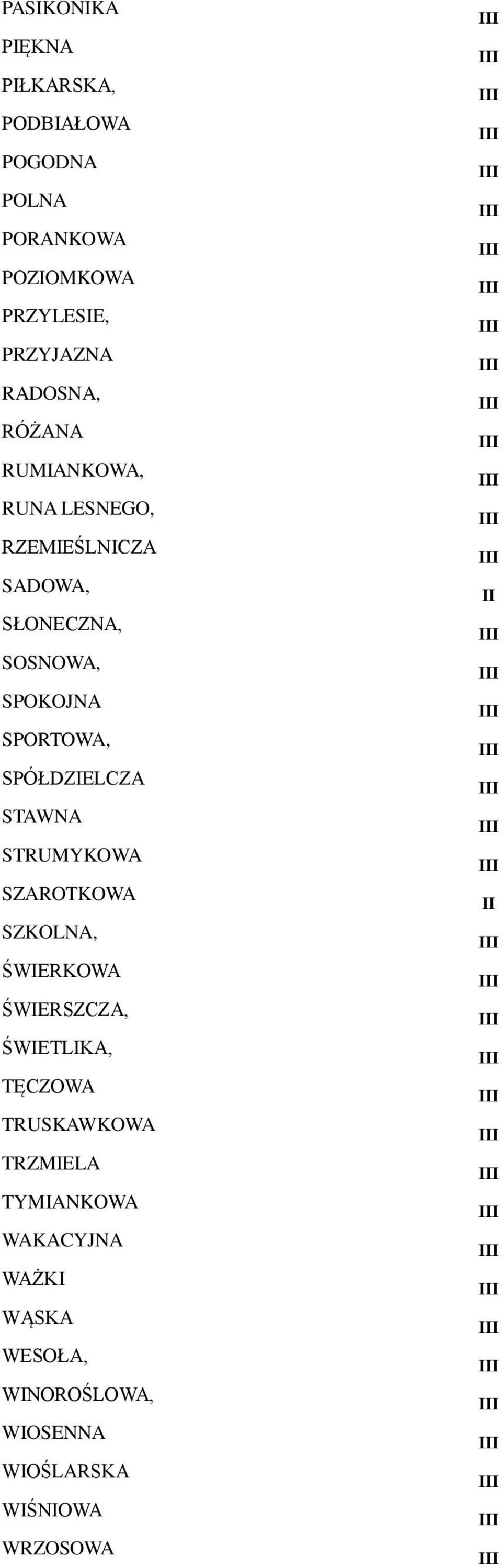 SPÓŁDZIELCZA STAWNA STRUMYKOWA SZAROTKOWA SZKOLNA, ŚWIERKOWA ŚWIERSZCZA, ŚWIETLIKA, TĘCZOWA