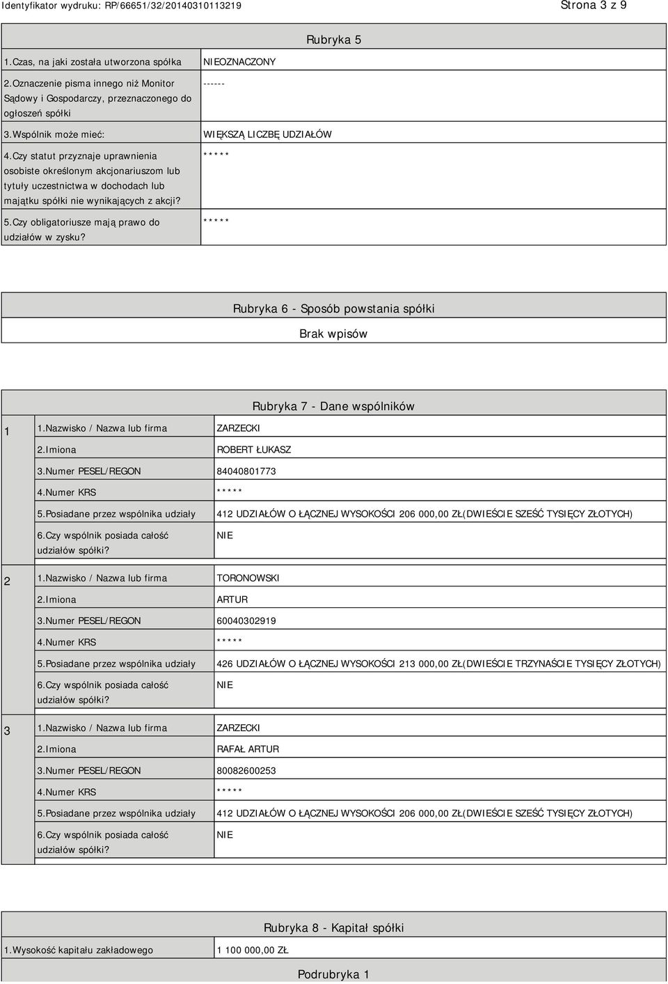 Czy obligatoriusze mają prawo do udziałów w zysku? OZNACZONY ------ WIĘKSZĄ LICZBĘ UDZIAŁÓW ***** ***** Rubryka 6 - Sposób powstania spółki 1 1.