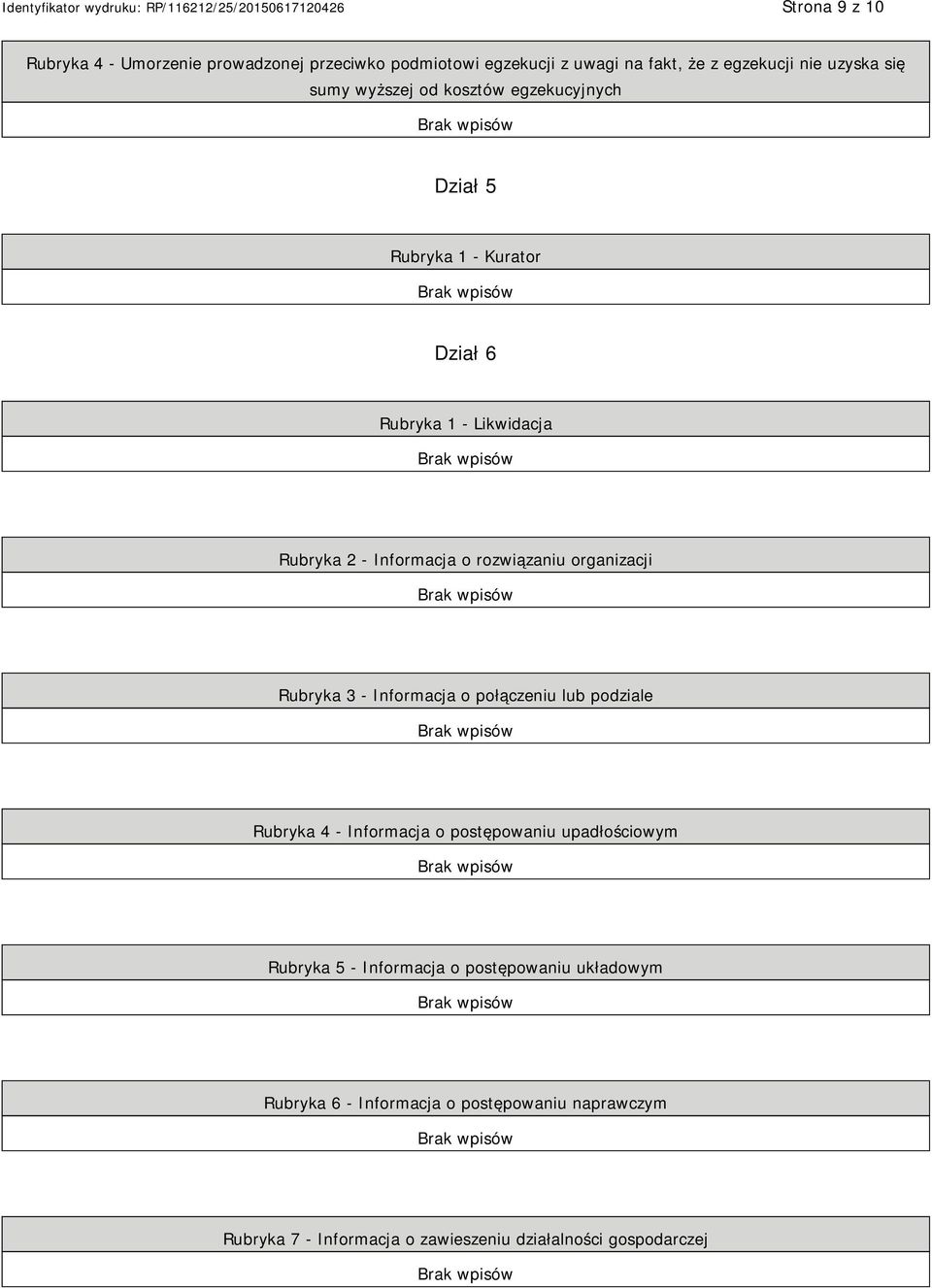 organizacji Rubryka 3 - Informacja o połączeniu lub podziale Rubryka 4 - Informacja o postępowaniu upadłościowym Rubryka 5 -