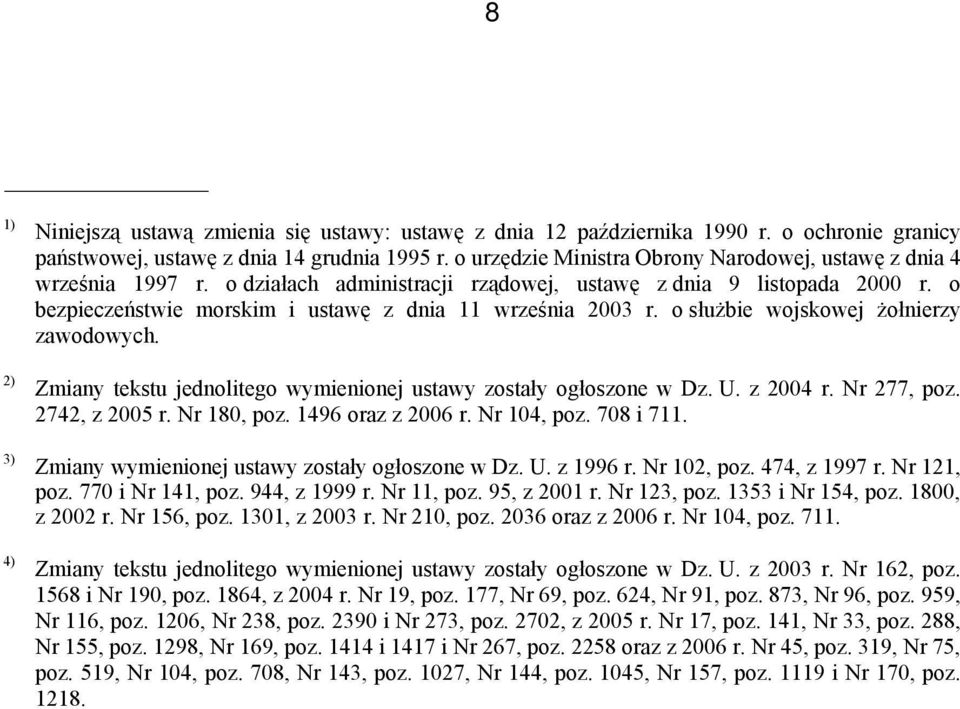 o bezpieczeństwie morskim i ustawę z dnia 11 września 2003 r. o służbie wojskowej żołnierzy zawodowych. Zmiany tekstu jednolitego wymienionej ustawy zostały ogłoszone w Dz. U. z 2004 r. Nr 277, poz.