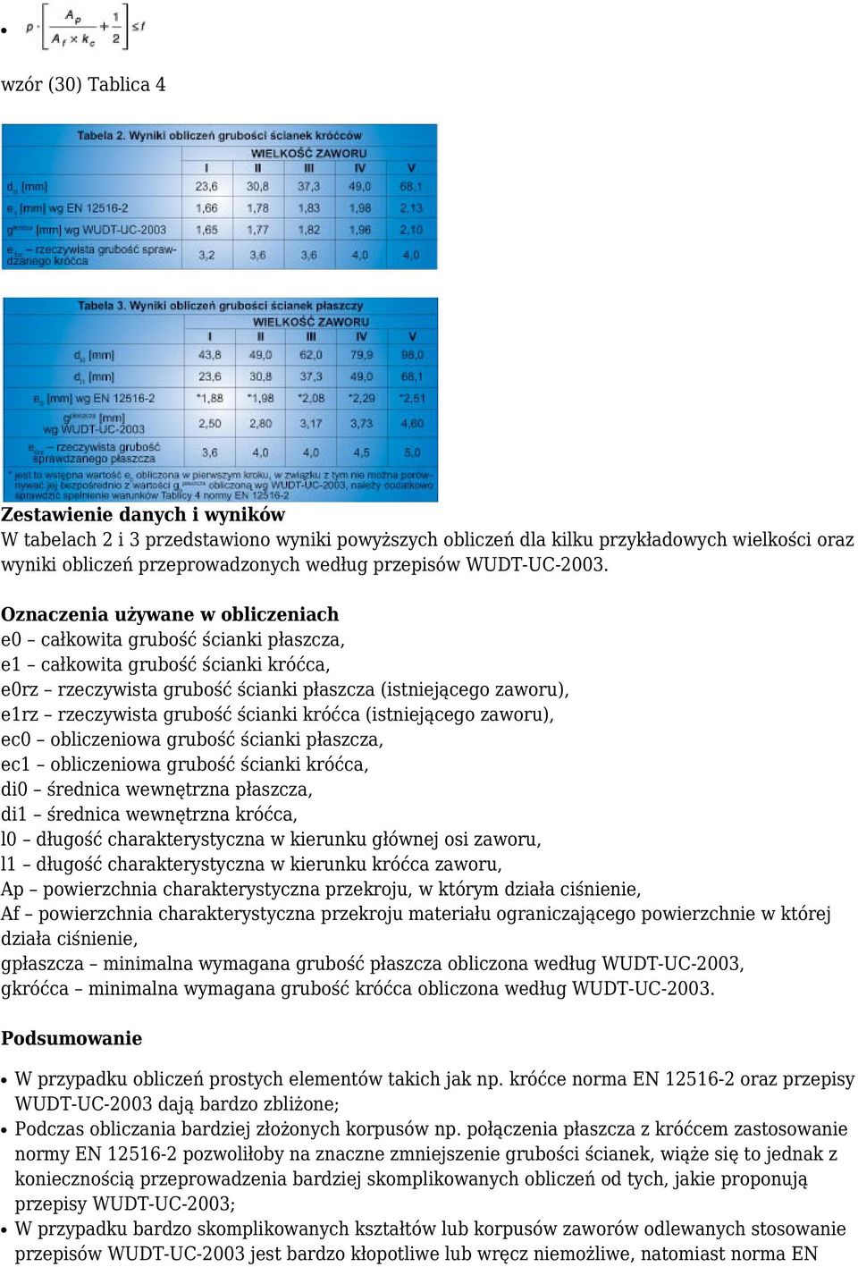 Oznaczenia używane w obliczeniach e0 całkowita grubość ścianki płaszcza, e1 całkowita grubość ścianki króćca, e0rz rzeczywista grubość ścianki płaszcza (istniejącego zaworu), e1rz rzeczywista grubość