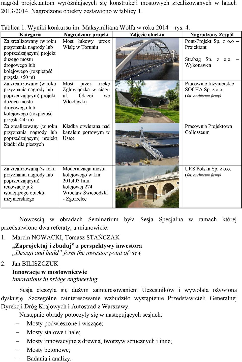 Kategoria Nagrodzony projekt Zdjęcie obiektu Nagrodzony Zespół Za zrealizowany (w roku przyznania nagrody lub poprzedzającym) projekt dużego mostu drogowego lub kolejowego (rozpiętość przęsła >50 m)