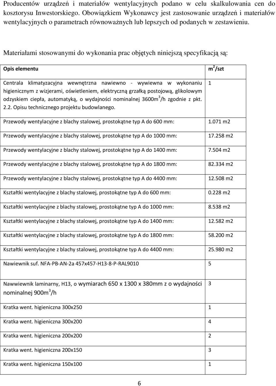 Materiałami stosowanymi do wykonania prac objętych niniejszą specyfikacją są: Opis elementu Centrala klimatyzacyjna wewnętrzna nawiewno - wywiewna w wykonaniu higienicznym z wizjerami, oświetleniem,