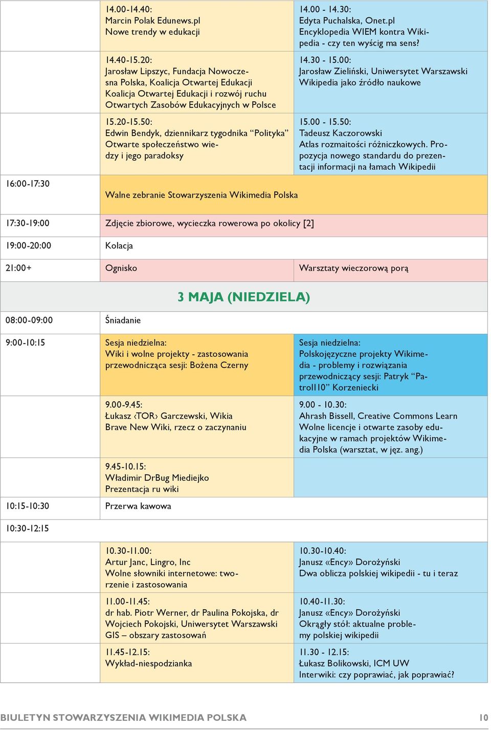 50: Edwin Bendyk, dziennikarz tygodnika Polityka Otwarte społeczeństwo wiedzy i jego paradoksy Walne zebranie Stowarzyszenia Wikimedia Polska 14.00-14.30: Edyta Puchalska, Onet.