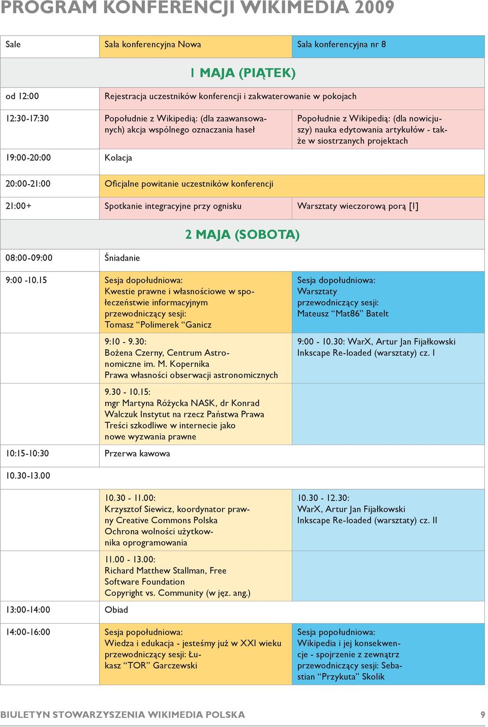 20:00-21:00 Oficjalne powitanie uczestników konferencji 21:00+ Spotkanie integracyjne przy ognisku Warsztaty wieczorową porą [1] 08:00-09:00 Śniadanie 2 maja (sobota) 9:00-10.