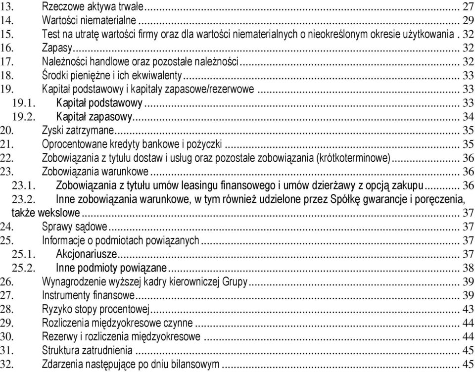 .. 34 20. Zyski zatrzymane... 35 21. Oprocentowane kredyty bankowe i pożyczki... 35 22. Zobowiązania z tytułu dostaw i usług oraz pozostałe zobowiązania (krótkoterminowe)... 36 23.