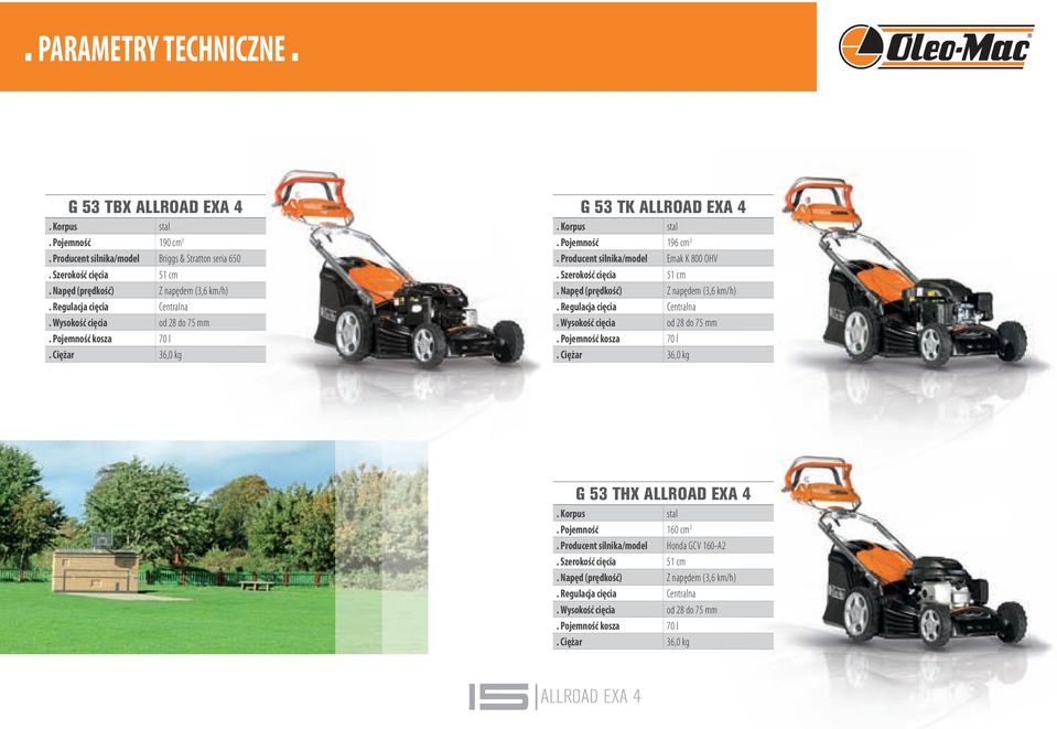 Ciężar 36,0 kg G 53 TK ALLROAD EXA 4. Pojemność 196 cm 3. Producent silnika/model Emak K 800 OHV.