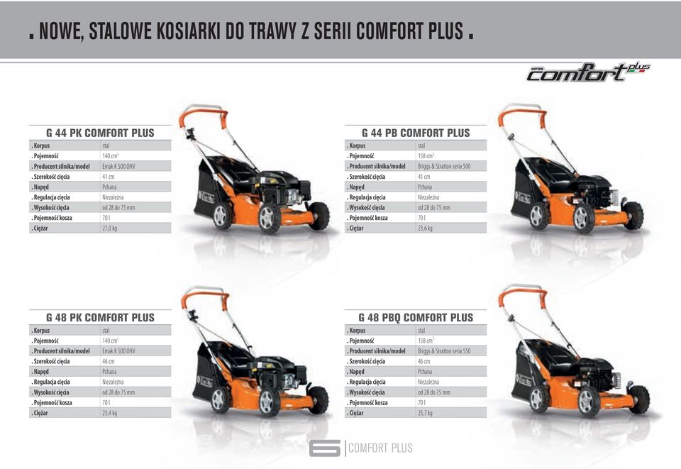 Regulacja cięcia Niezależna. Ciężar 23,6 kg G 48 PK COMFORT PLUS. Pojemność 140 cm 3. Producent silnika/model Emak K 500 OHV. Szerokość cięcia 46 cm. Napęd Pchana.