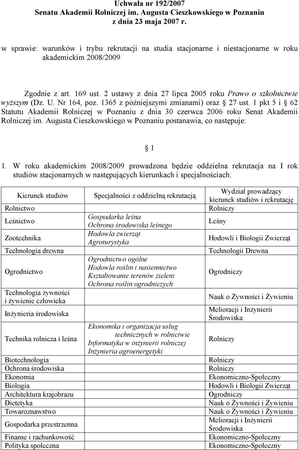U. Nr 164, poz. 1365 z późniejszymi zmianami) oraz 27 ust. 1 pkt 5 i 62 Statutu Akademii Rolniczej w Poznaniu z dnia 30 czerwca 2006 roku Senat Akademii Rolniczej im.