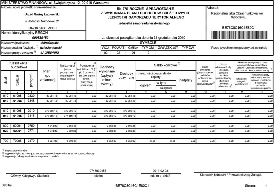 jedności Narodowej 21 jednostki samorzadu terytorialnego 58-210 ŁAGIEWNIKI Numer identyfikacyjny REGON 000539153 Nazwa województwa dolnośląskie Nazwa powiatu / związku dzierżoniowski Nazwa gminy /