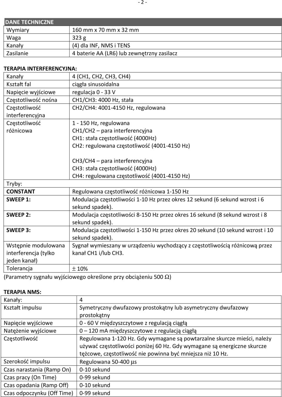 1-150 Hz, regulowana różnicowa CH1/CH2 para interferencyjna CH1: stała częstotliwość (4000Hz) CH2: regulowana częstotliwość (4001-4150 Hz) CH3/CH4 para interferencyjna CH3: stała częstotliwość