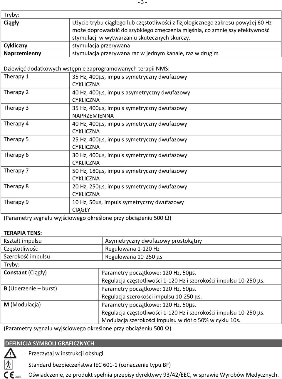 stymulacja przerywana stymulacja przerywana raz w jednym kanale, raz w drugim Dziewięć dodatkowych wstępnie zaprogramowanych terapii NMS: Therapy 1 35 Hz, 400µs, impuls symetryczny dwufazowy