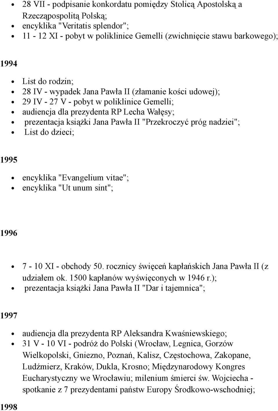 próg nadziei"; List do dzieci; 1995 encyklika "Evangelium vitae"; encyklika "Ut unum sint"; 1996 7-10 XI - obchody 50. rocznicy święceń kapłańskich Jana Pawła II (z udziałem ok.