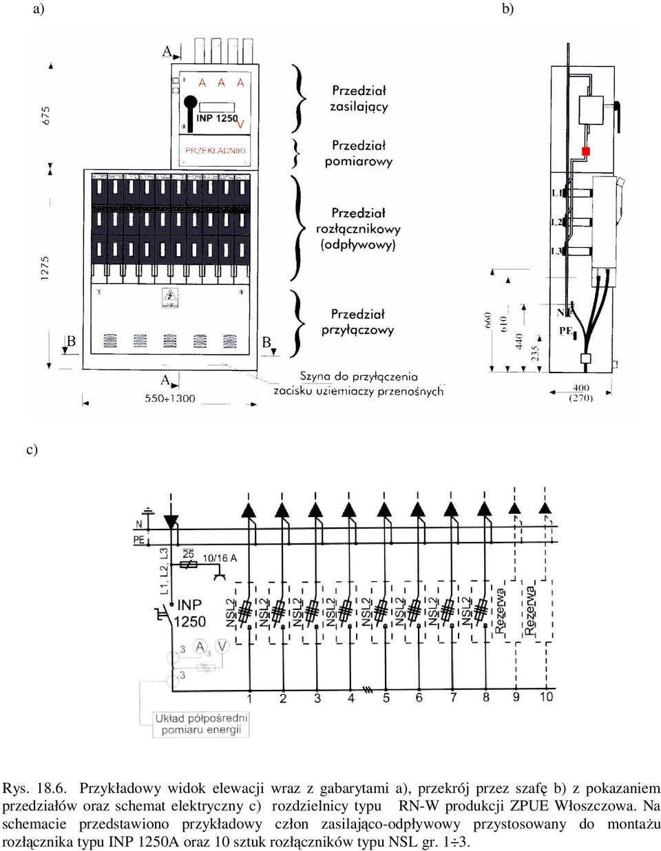 przedziałów oraz schemat elektryczny c) rozdzielnicy typu RN-W produkcji ZPUE Włoszczowa.