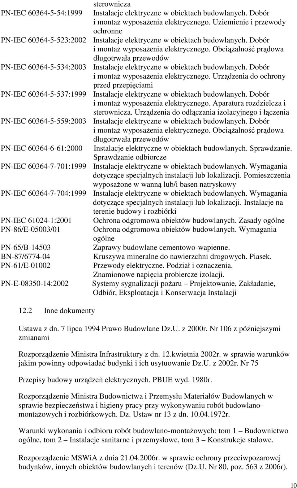 ObciąŜalność prądowa długotrwała przewodów PN-IEC 60364-5-534:2003 Instalacje elektryczne w obiektach budowlanych. Dobór i montaŝ wyposaŝenia elektrycznego.