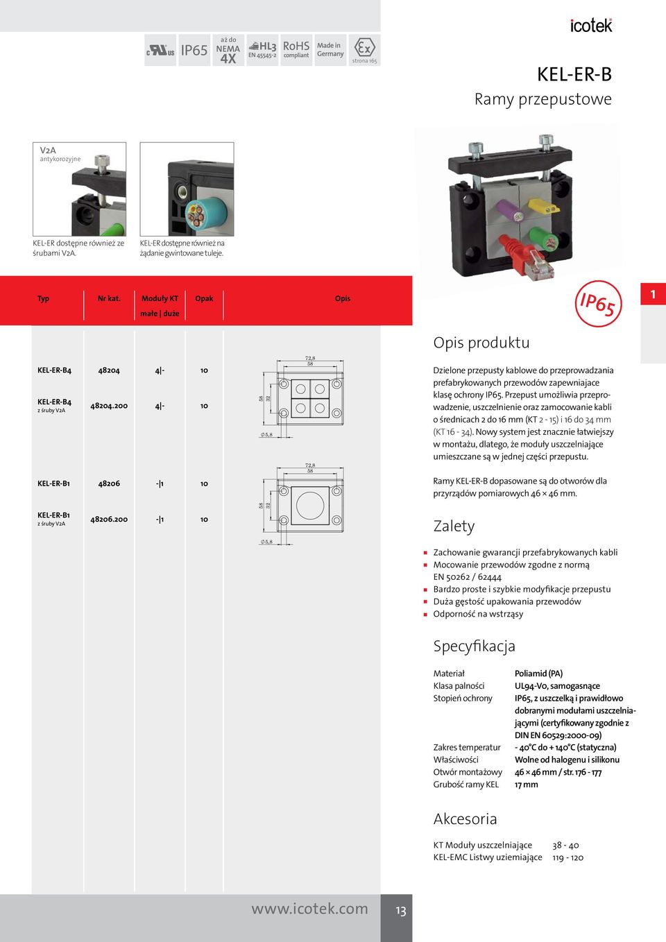200 4-10 KEL-ER-B1 48206-1 10 58 32 5,8 72,8 58 72,8 58 Dzielone przepusty kablowe do przeprowadzania prefabrykowanych przewodów zapewniajace klasę ochrony IP65.