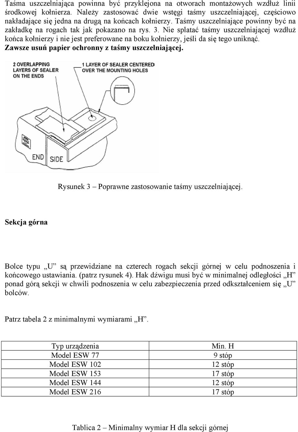 Nie splatać taśmy uszczelniającej wzdłuż końca kołnierzy i nie jest preferowane na boku kołnierzy, jeśli da się tego uniknąć. Zawsze usuń papier ochronny z taśmy uszczelniającej.