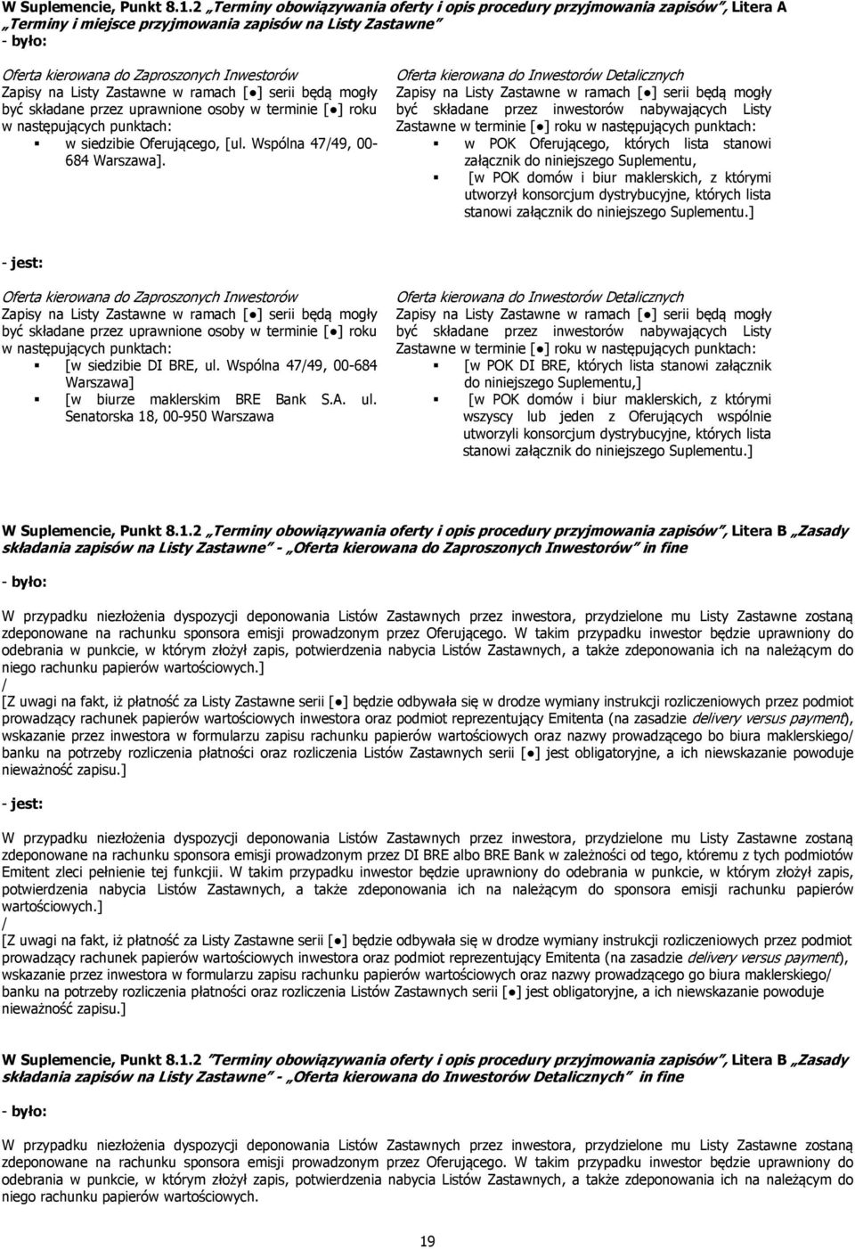 Zastawne w ramach [ ] serii będą mogły być składane przez uprawnione osoby w terminie [ ] roku w następujących punktach: w siedzibie Oferującego, [ul. Wspólna 47/49, 00-684 Warszawa].