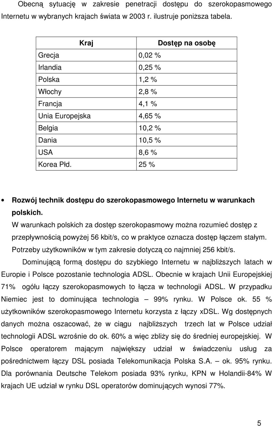 25 % Rozwój technik dostpu do szerokopasmowego Internetu w warunkach polskich.