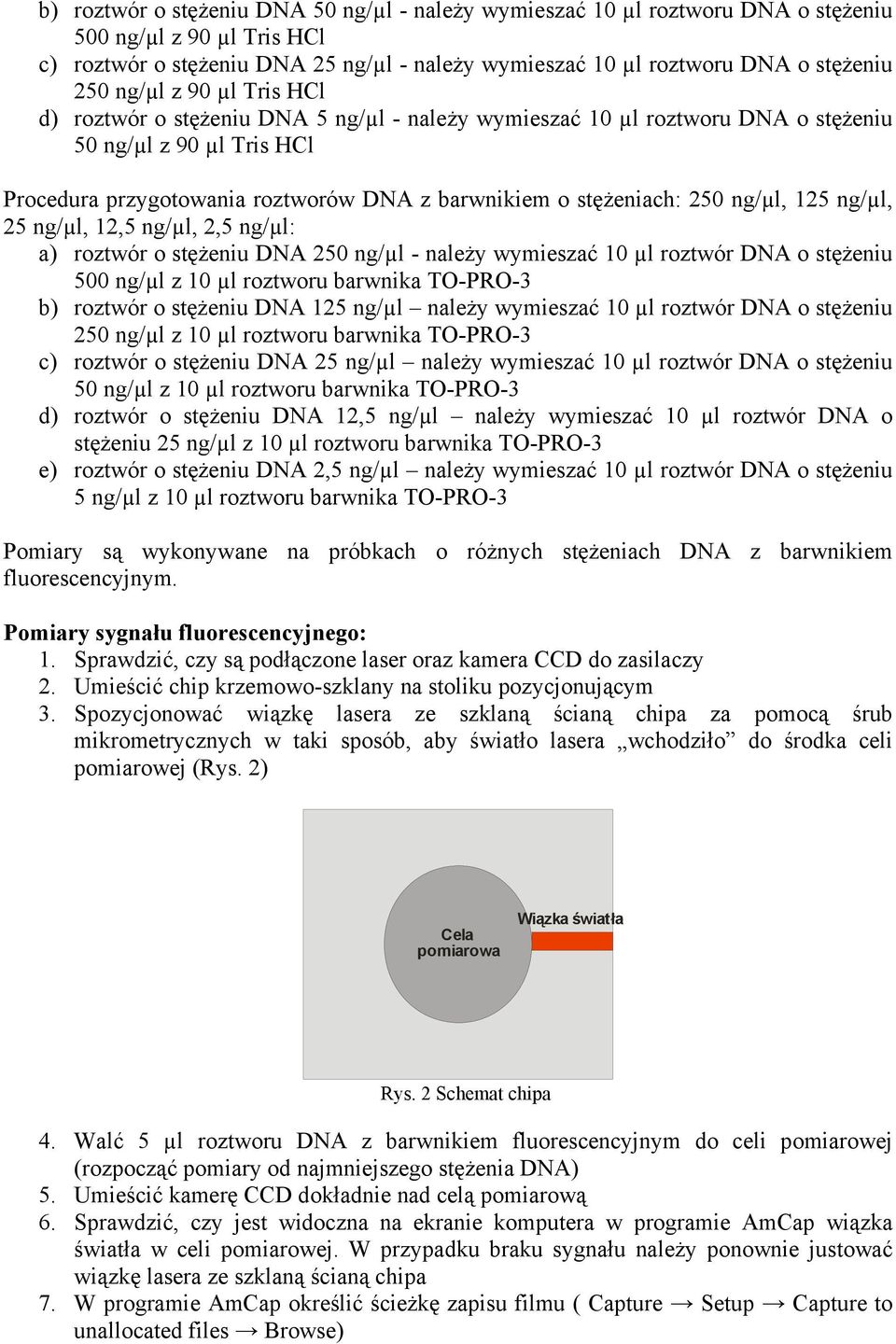 250 ng/µl, 125 ng/µl, 25 ng/µl, 12,5 ng/µl, 2,5 ng/µl: a) roztwór o stęŝeniu DNA 250 ng/µl - naleŝy wymieszać 10 µl roztwór DNA o stęŝeniu 500 ng/µl z 10 µl roztworu barwnika TO-PRO-3 b) roztwór o