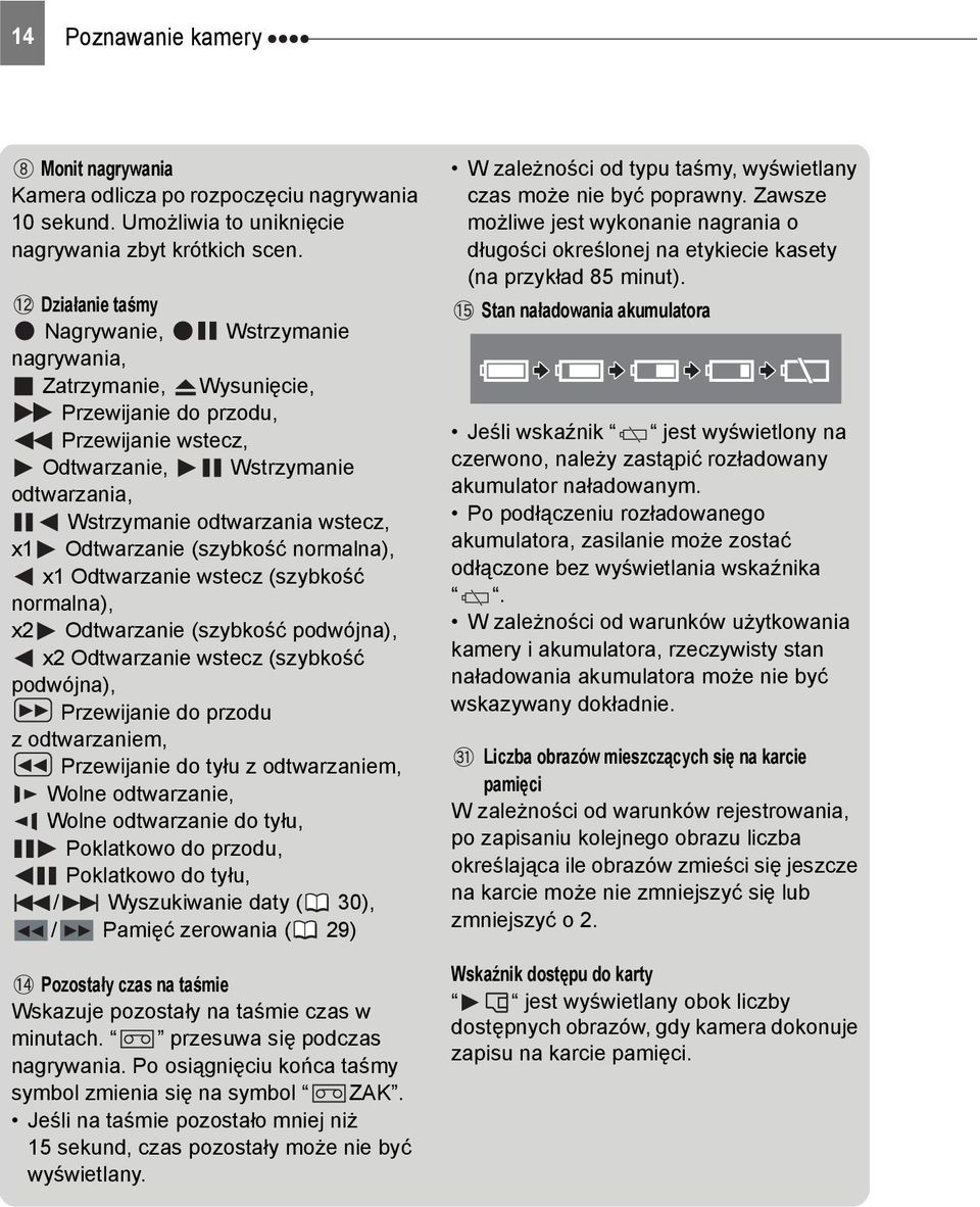 Odtwarzanie (szybkość normalna), x1 Odtwarzanie wstecz (szybkość normalna), x2 Odtwarzanie (szybkość podwójna), x2 Odtwarzanie wstecz (szybkość podwójna), Przewijanie do przodu z odtwarzaniem,