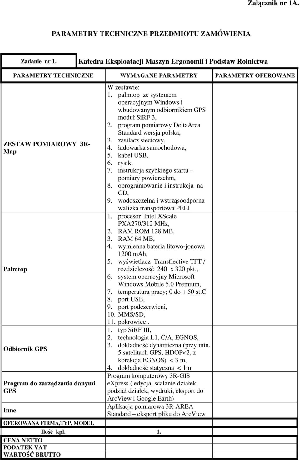 MODEL CENA NETTO PODATEK VAT WARTOŚĆ BRUTTO W zestawie: 1. palmtop ze systemem operacyjnym Windows i m odbiornikiem GPS moduł SiRF 3, 2. program pomiarowy DeltaArea Standard wersja polska, 3.