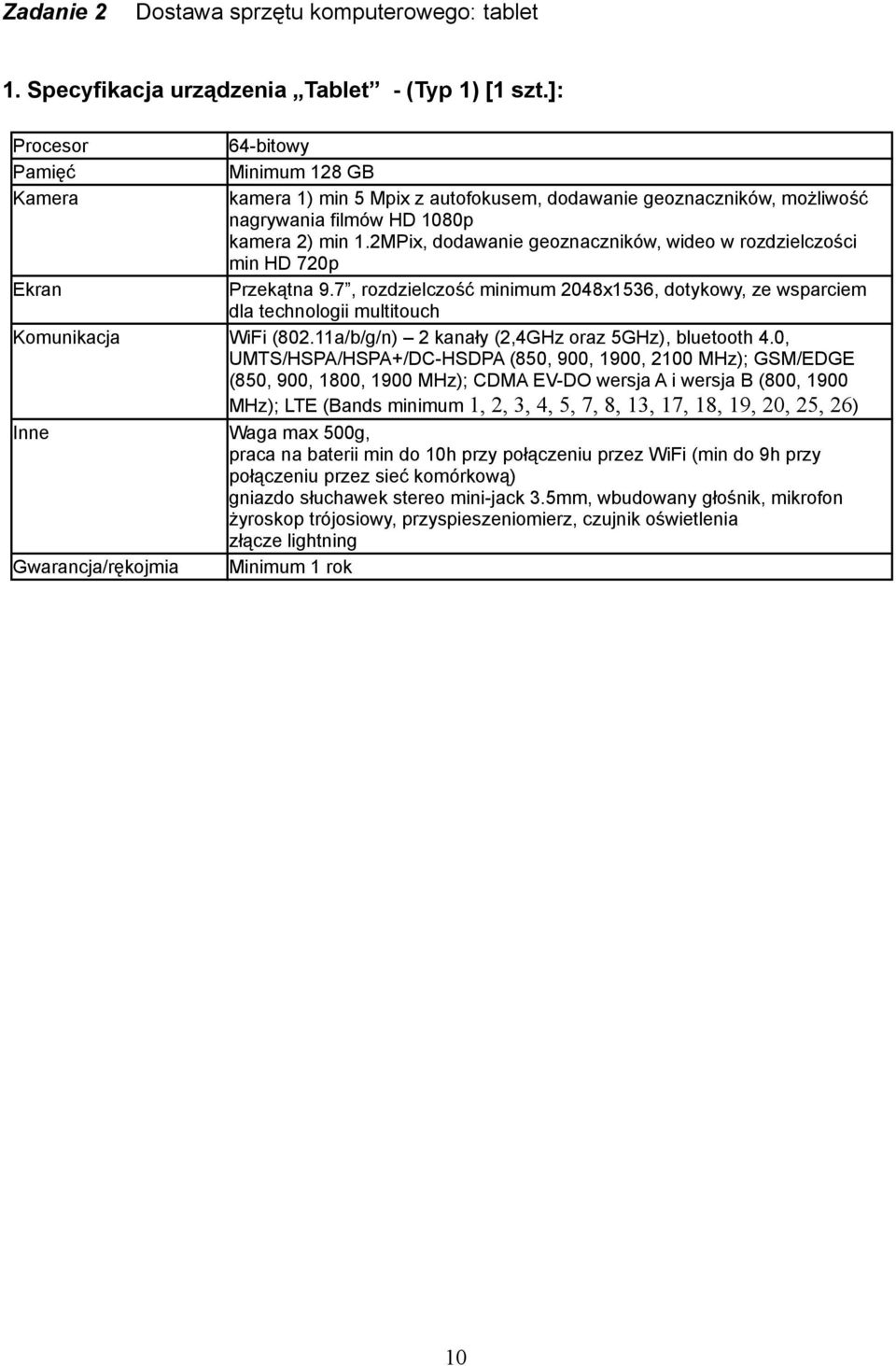 2MPix, dodawanie geoznaczników, wideo w rozdzielczości min HD 720p Przekątna 9.7, rozdzielczość minimum 2048x1536, dotykowy, ze wsparciem dla technologii multitouch WiFi (802.