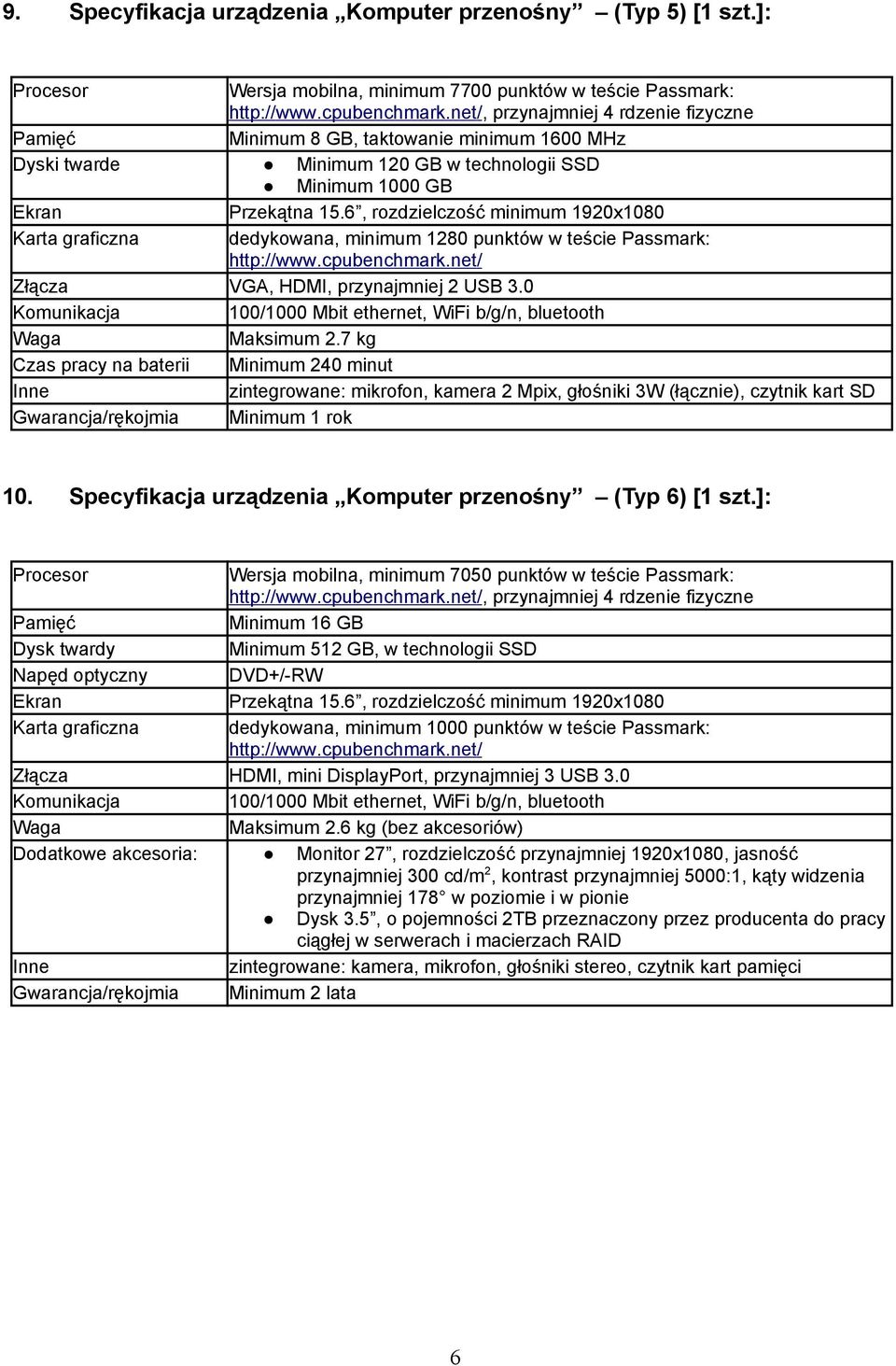 6, rozdzielczość minimum 1920x1080 Karta graficzna dedykowana, minimum 1280 punktów w teście Passmark: http://www.cpubenchmark.net/ Złącza VGA, HDMI, przynajmniej 2 USB 3.