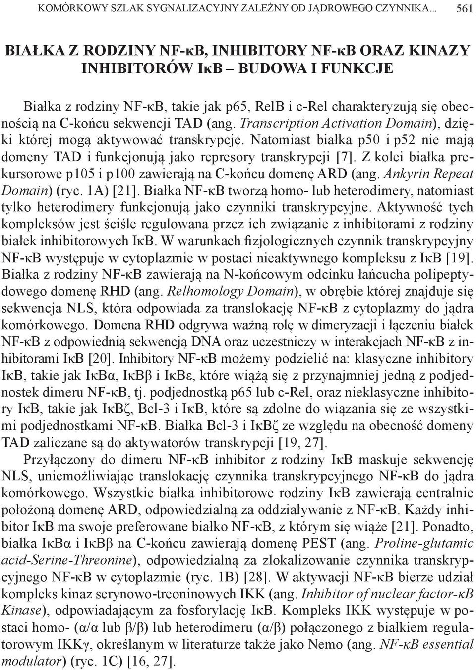 (ang. Transcription Activation Domain), dzięki której mogą aktywować transkrypcję. Natomiast białka p50 i p52 nie mają domeny TAD i funkcjonują jako represory transkrypcji [7].