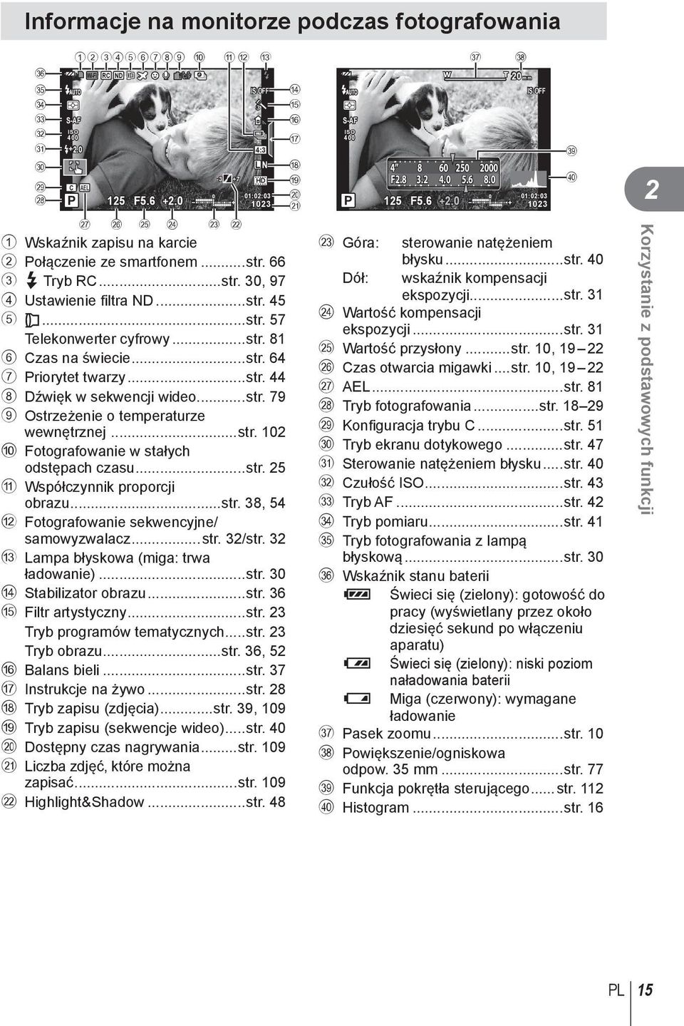 ..str. 81 6 Czas na świecie...str. 64 7 Priorytet twarzy...str. 44 8 Dźwięk w sekwencji wideo...str. 79 9 Ostrzeżenie o temperaturze wewnętrznej...str. 102 0 Fotografowanie w stałych odstępach czasu.