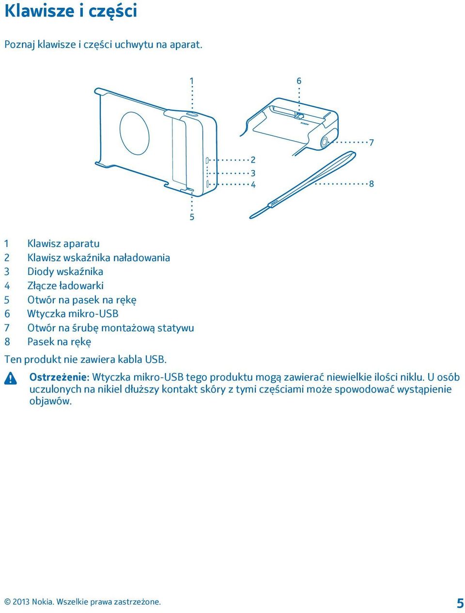 Wtyczka mikro-usb 7 Otwór na śrubę montażową statywu 8 Pasek na rękę Ten produkt nie zawiera kabla USB.