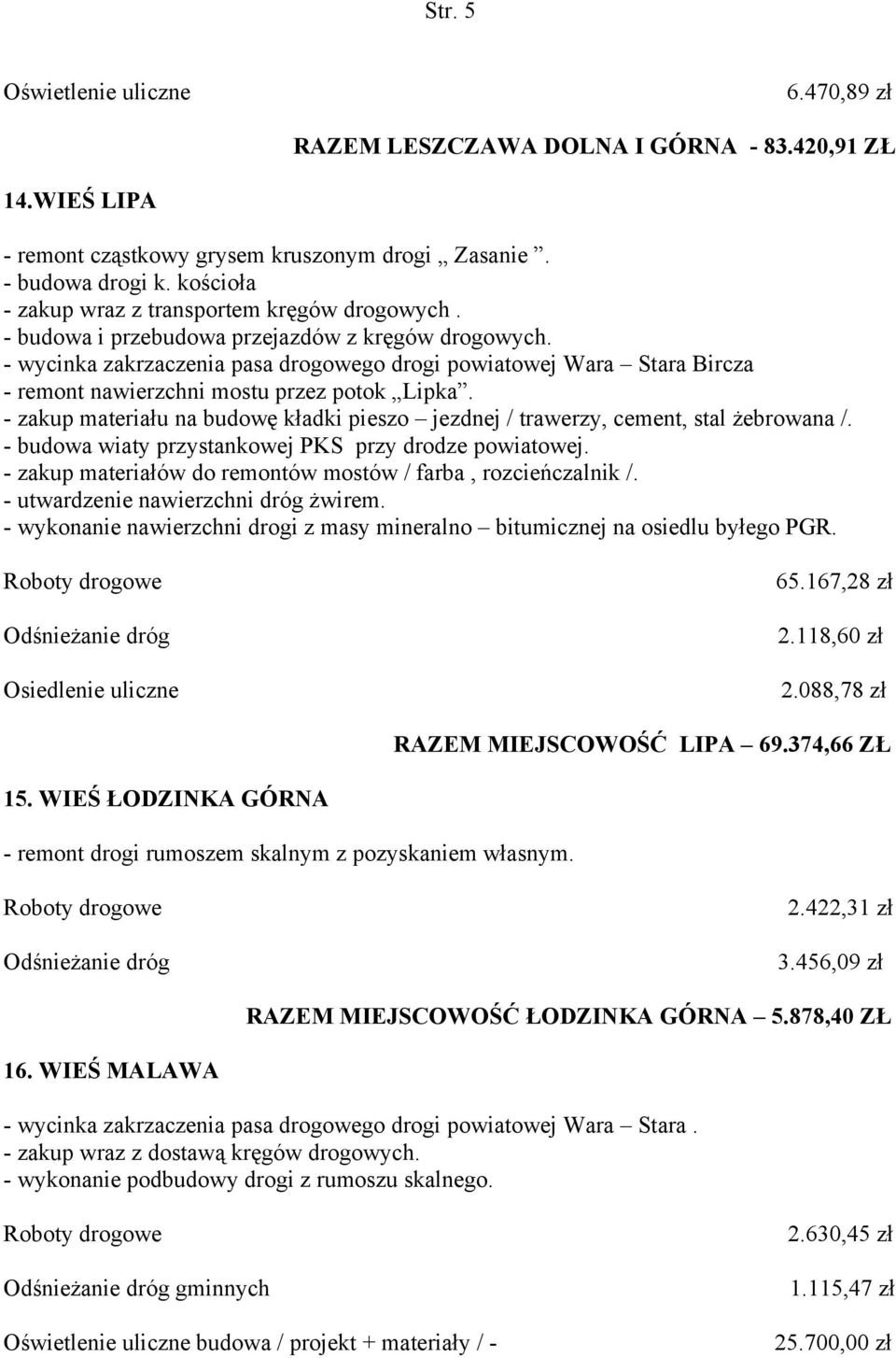 - zakup materiału na budowę kładki pieszo jezdnej / trawerzy, cement, stal żebrowana /. - budowa wiaty przystankowej PKS przy drodze powiatowej.