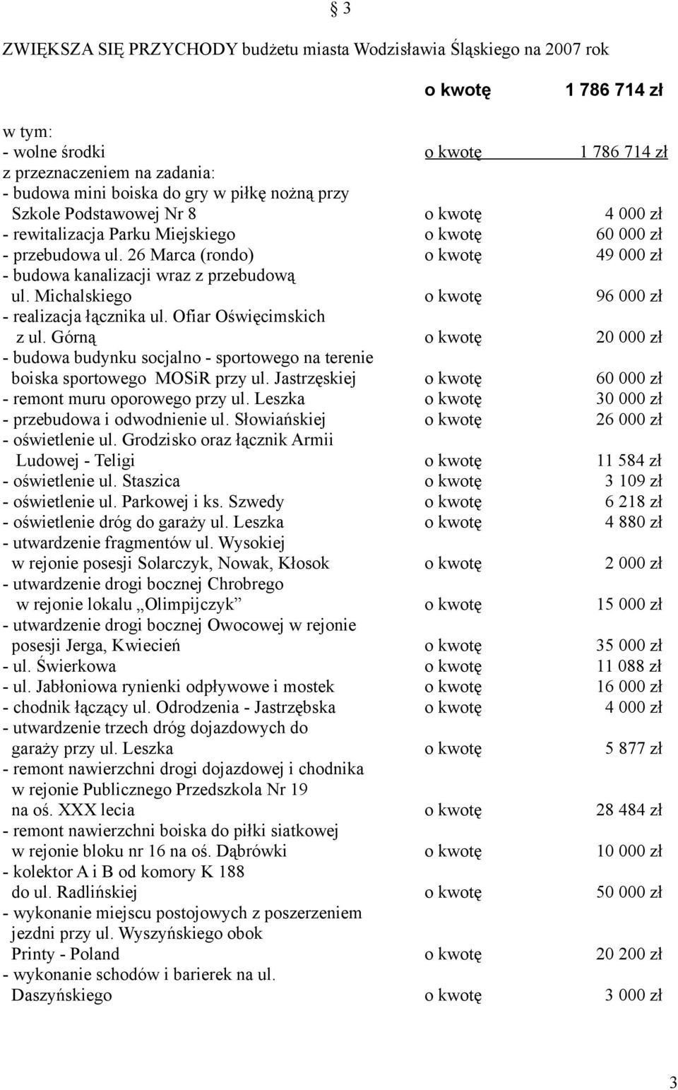 Michalskiego o kwotę 96 000 zł - realizacja łącznika ul. Ofiar Oświęcimskich z ul. Górną o kwotę 20 000 zł - budowa budynku socjalno - sportowego na terenie boiska sportowego MOSiR przy ul.